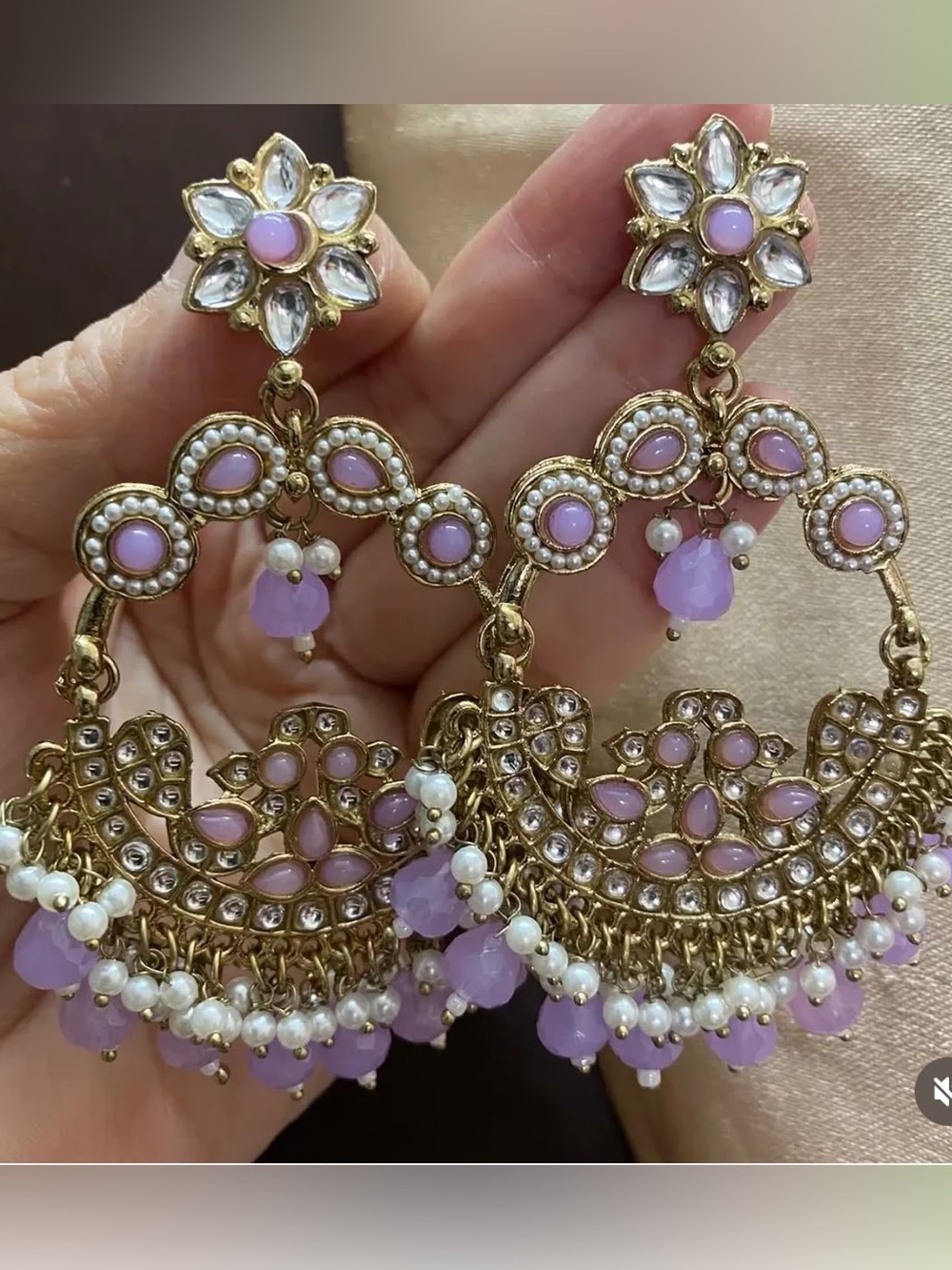 Gold-Plated Floral Chandbali Earrings with Pink Accents